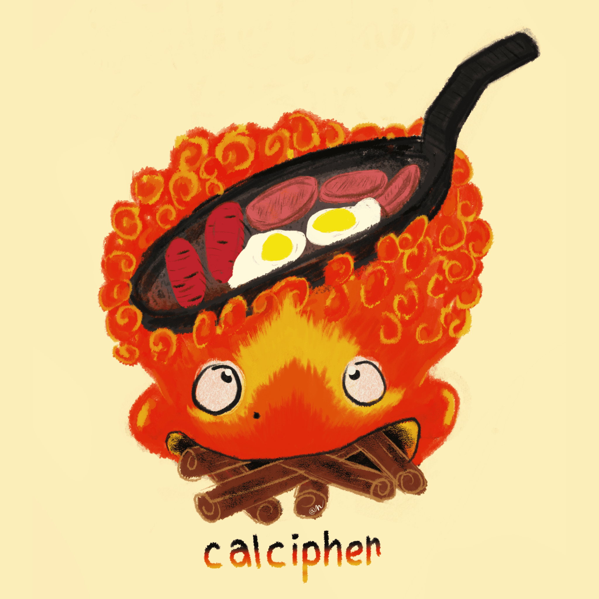 image description/ alt text: gradient text reads as, "calcipher" & "@n". illustration of pilipinx version of Calcifer from Studio Ghibli's animated film, " Howl's Moving Castle". A gradient red-orange-yellow calipher cooks 3 spams, 2 longanisa, & 2 eggs with a black cast iron on top of their head while eating 6 cinnamon sticks.